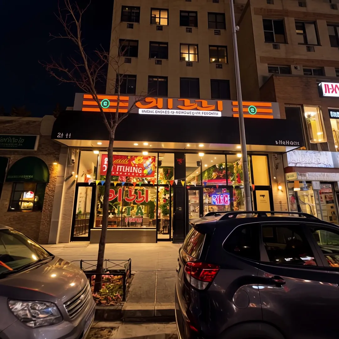 Adda's lit storefront on 73rd Street at night