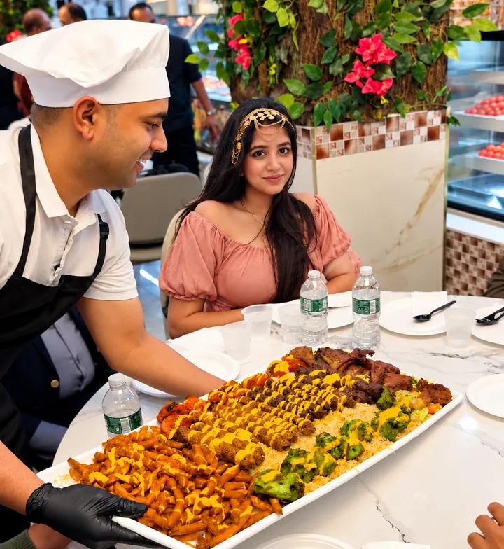 A chef serving a loaded kabab and fries platter to a table in the dining room